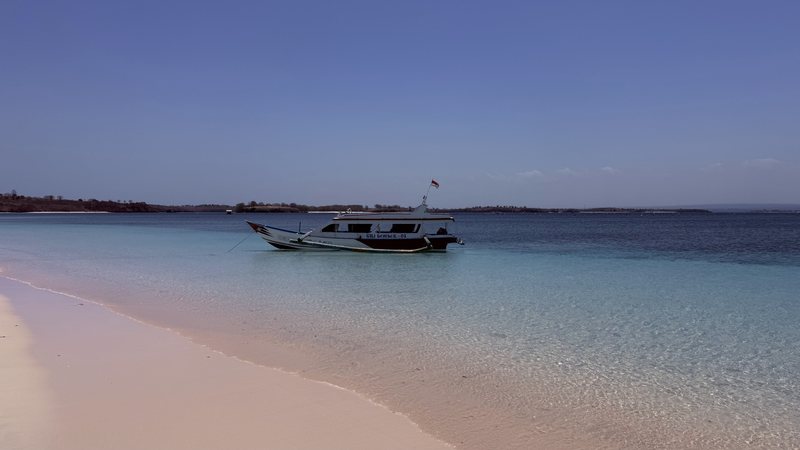 A wooden boat moored off a pink-sand beach